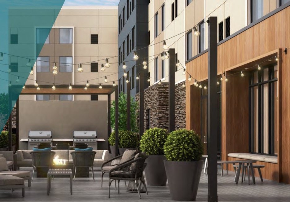 Rendering of the hotel courtyard with string lights