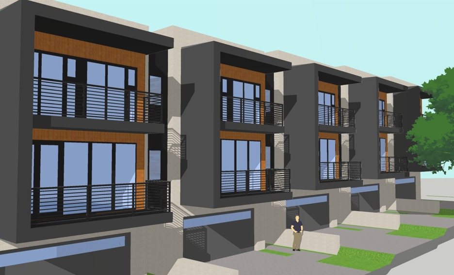 Rendering of the townhomes from the rear with balconies